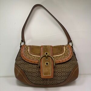 Coach Signature C Leather Trimmed Shoulder Bag Brown soho Studded Patchwork hobo